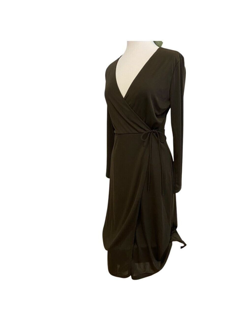 H&M NWT Maroon Brown Long-Sleeve Wrap Dress Silky Jersey Fabric Knee Length Wome